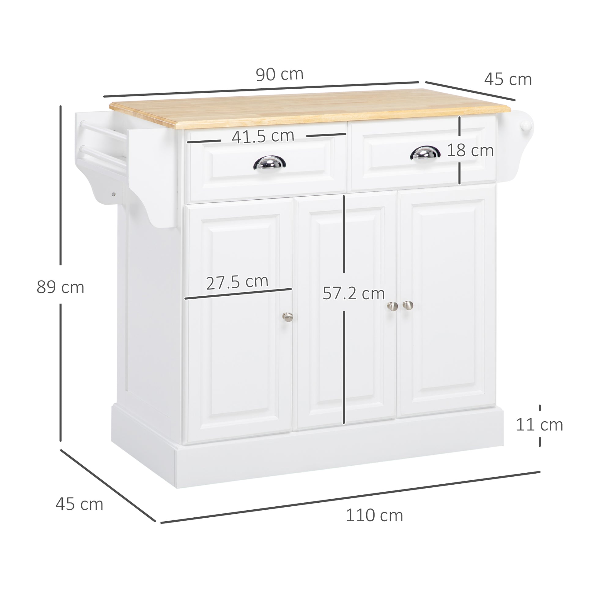 Homcom Kitchen Island with Storage Rolling Kitchen Serving Cart with Rubber Wood Top Towel Rack Storage Drawer Cabinet White