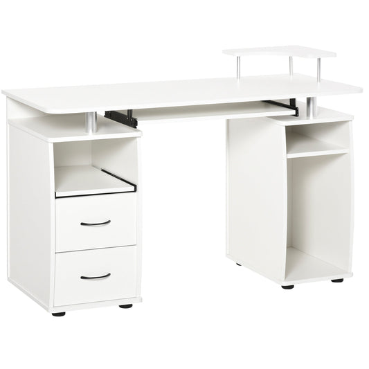 Computer Desk Office PC Table Workstation with Keyboard Tray, CPU Shelf, Drawers, Sliding Scanner Shelf, White-0