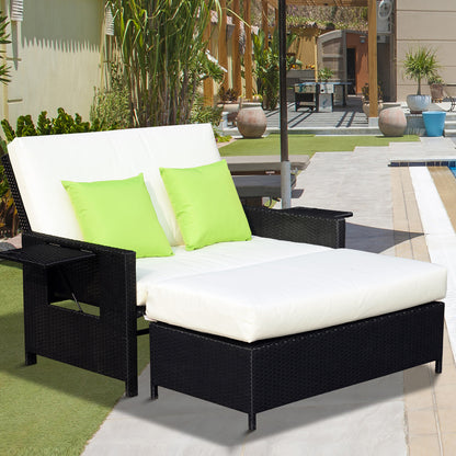 Outsunny Rattan 2-Seater Sofa Sun Lounger Bed-Black