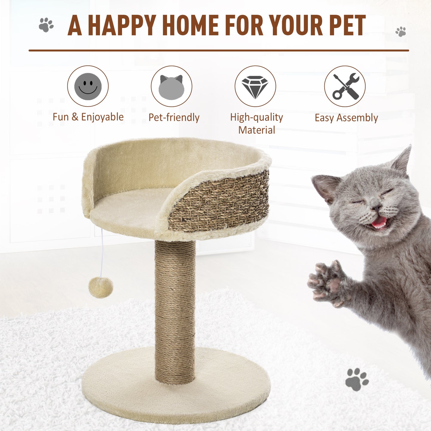 PawHut Cat Tree for Indoor Cats Kitten Tower Activity Center Climbing Stand Furniture with Scratching Posts Dangling Ball Perch Beige