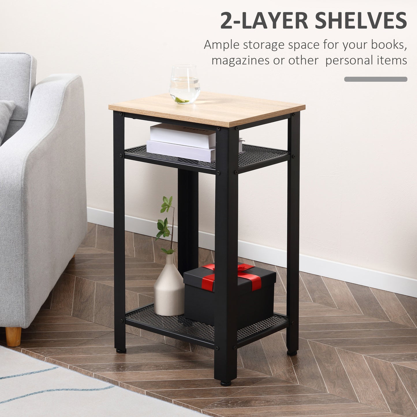 Homcom Industrial-Style Boxy Side Table 3 Layer 2 Shelves Storage Display w/ Metal Frame Stylish On-Trend Bedside End Table Nightstand