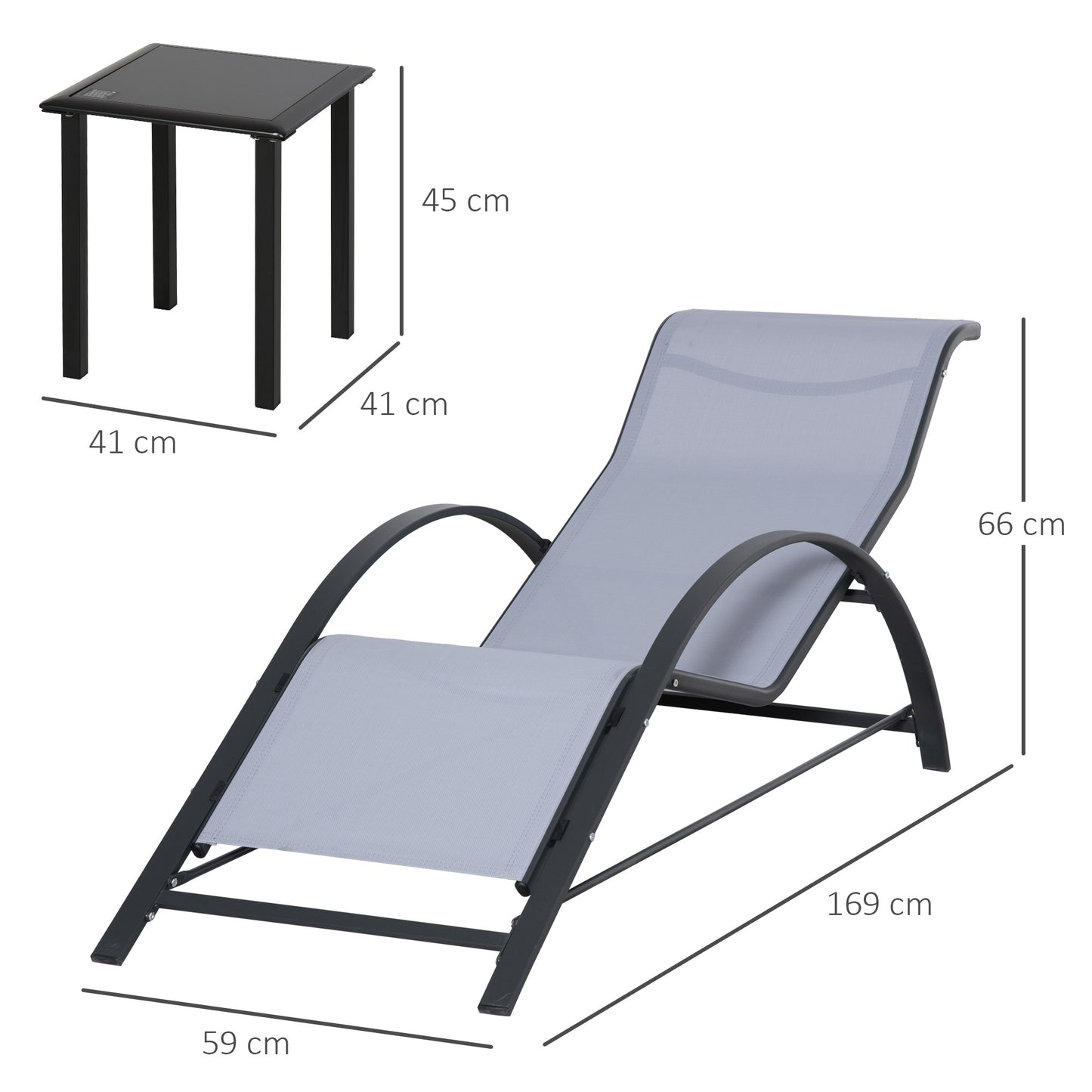 Outsunny 3 Pieces Lounge Chair Set Metal Frame Garden Outdoor Recliner Sunbathing Chair with Table