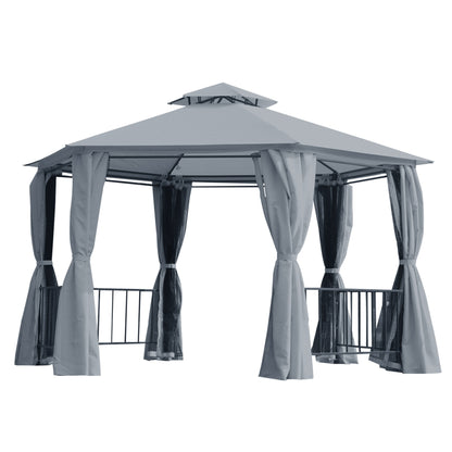 Outsunny 3 x 3(m) Hexagon Gazebo Patio Canopy Party Tent Outdoor Garden Shelter w/ 2 Tier Roof & Side Panel - Grey