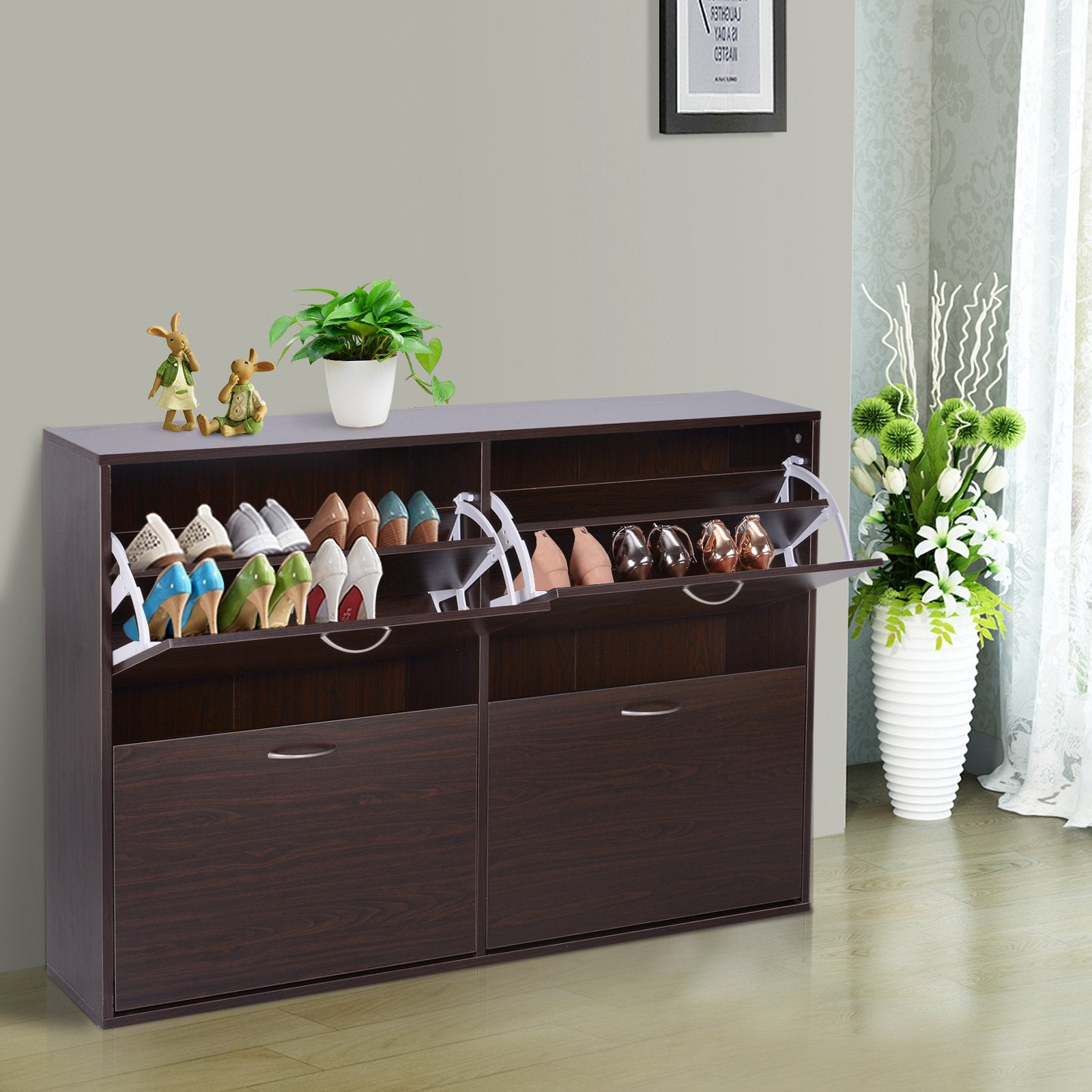 Homcom Wooden Modern Design 4 Drawer Shoes Cabinet Pull Down Shelf Storage Organiser Entrance Hallway Furniture - Dark Brown