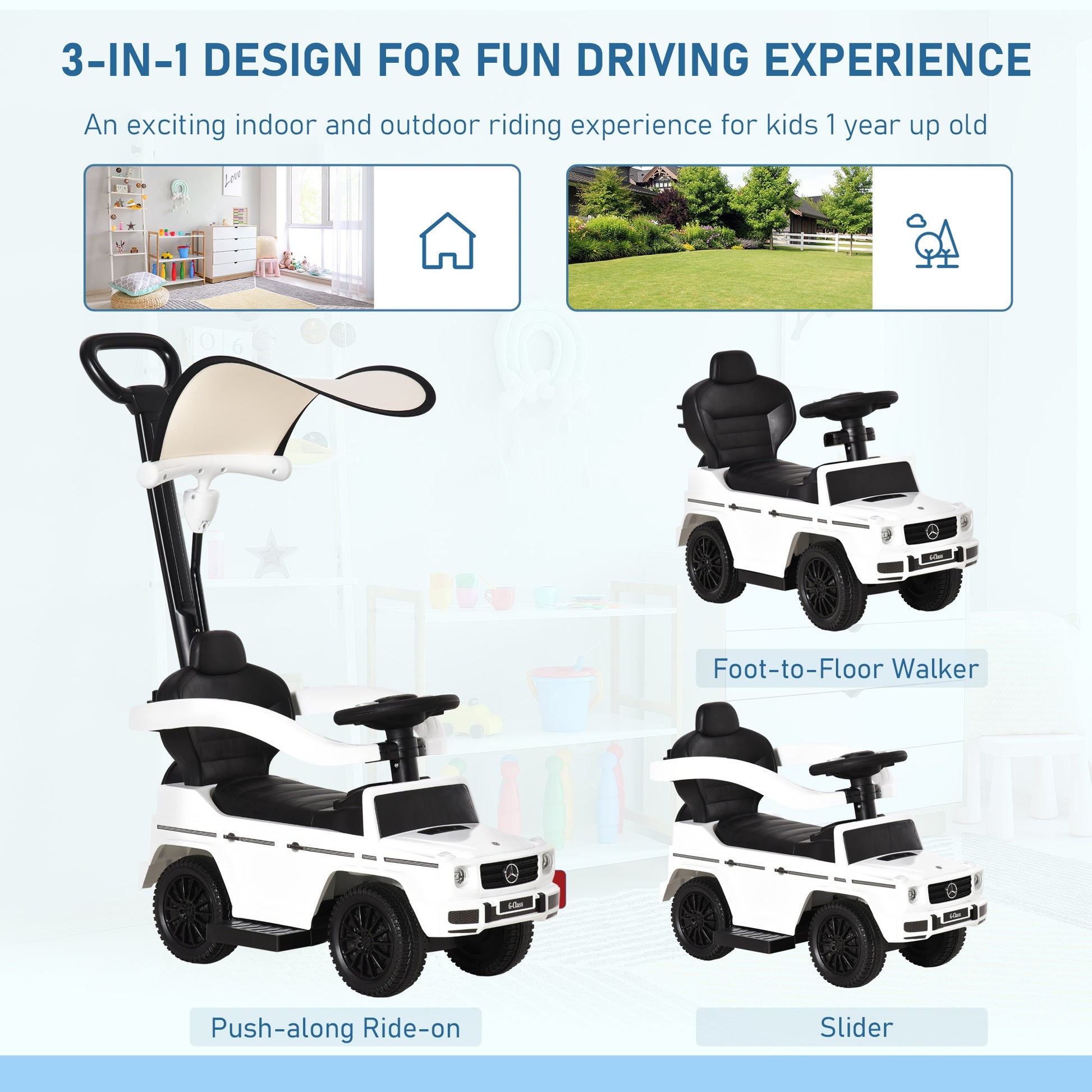 Homcom 3 in 1 Kids Children Ride on Push Car Toddler Sliding Car G350 Licensed Walker Foot to Floor Slider Push-Along with Horn Steering Wheel NO POWER Manual