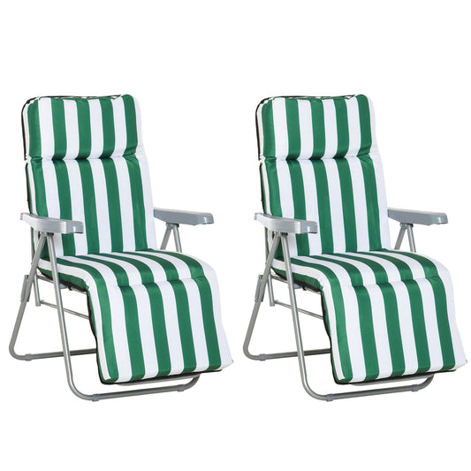 Outsunny Set of 2 Garden Patio Outdoor Sun Recliners Loungers Folding Foldable Multi Position Relaxers Chairs with Cushions Fire Retardant Sponge (Green White)