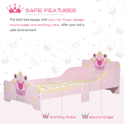 Homcom Kids Toddler Bed Princess Crown Theme Safety Side Rails Slats Home Bedroom Furniture Boys Girls 3-6 Yrs Pink 143 x 73 x 60 cm