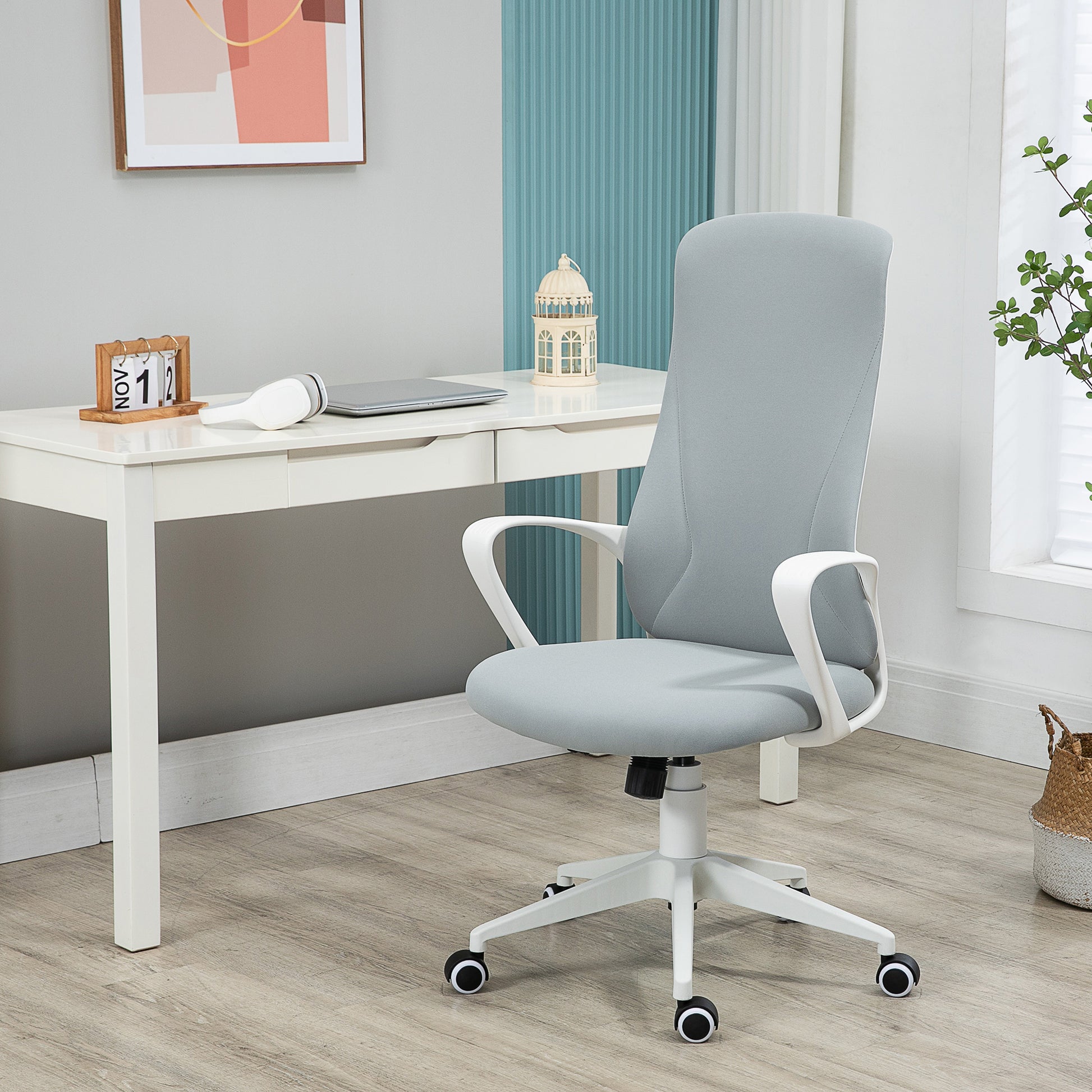 Vinsetto High Back Office Chair Fabric Desk Chair With Armrests Adjustable Height Swivel Wheels Light Grey