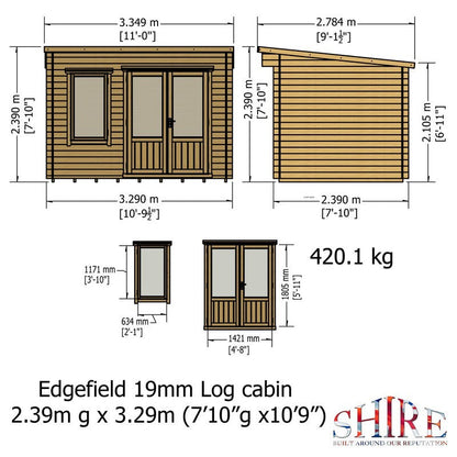 Shire Edgefield 10' 9" x 7' 10" Pent Log Cabin - Premium 19mm Cladding Log Clad