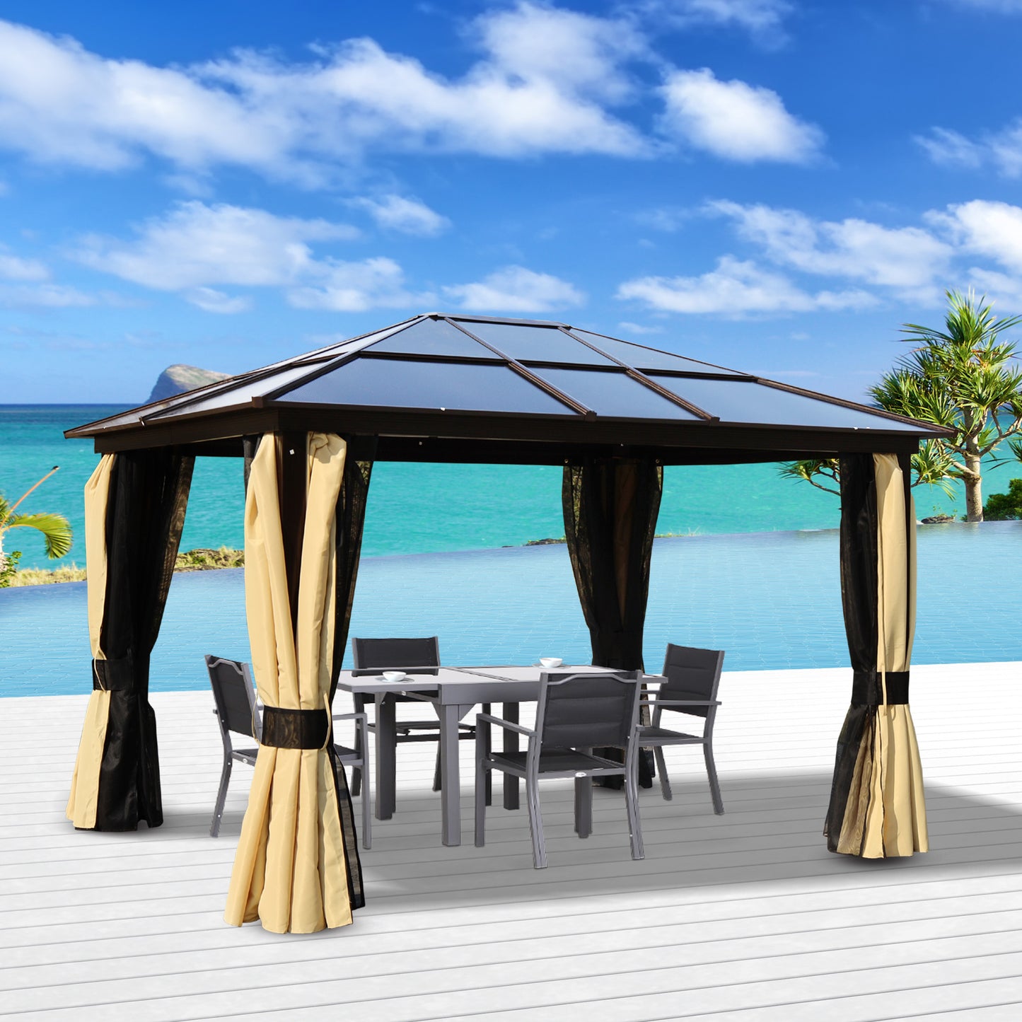 Outsunny 3 x 3.6m Polycarbonate Hard Top Gazebo with LED Solar Light and Aluminium Frame