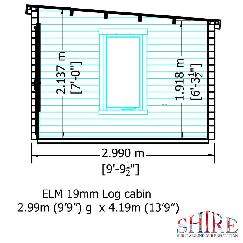 Shire Elm 10' 4" x 13' 11" Pent Log Cabin - Premium 19mm Cladding Log Clad