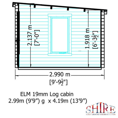 Shire Elm 10' 4" x 13' 11" Pent Log Cabin - Premium 19mm Cladding Log Clad