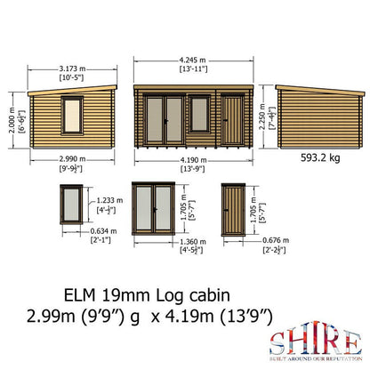 Shire Elm 10' 4" x 13' 11" Pent Log Cabin - Premium 19mm Cladding Log Clad