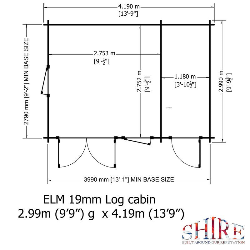 Shire Elm 10' 4" x 13' 11" Pent Log Cabin - Premium 19mm Cladding Log Clad