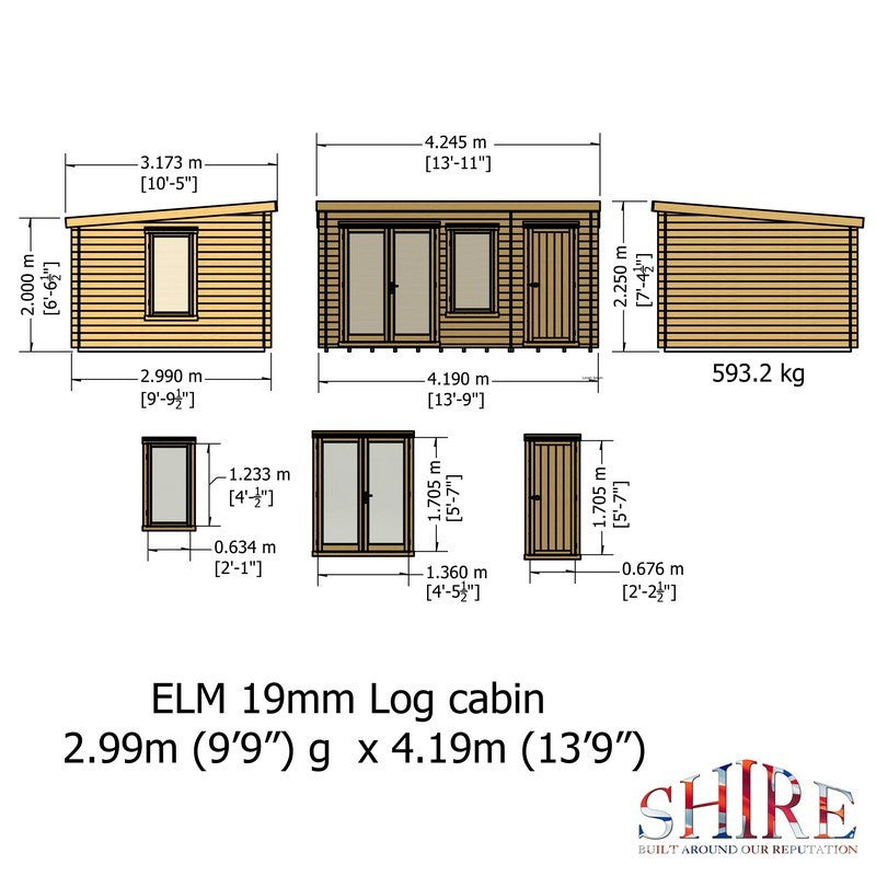 Shire Elm 10' 4" x 13' 11" Pent Log Cabin - Premium 19mm Cladding Log Clad