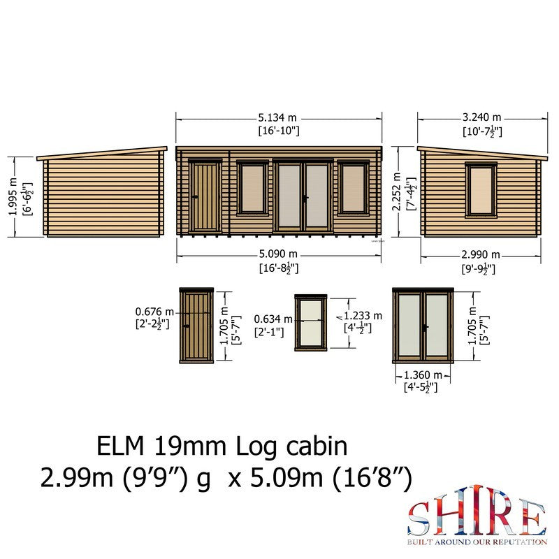 Shire Elm 10' 7" x 17' 2" Pent Log Cabin - Premium 19mm Cladding Log Clad