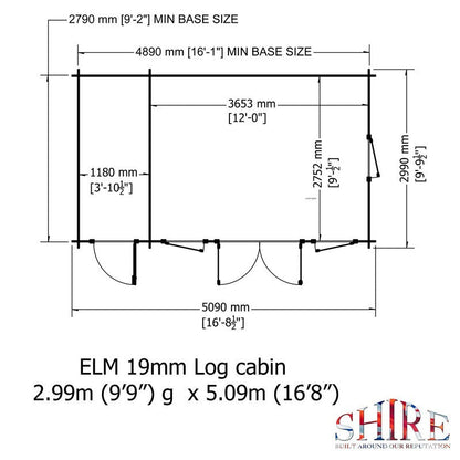 Shire Elm 10' 7" x 17' 2" Pent Log Cabin - Premium 19mm Cladding Log Clad