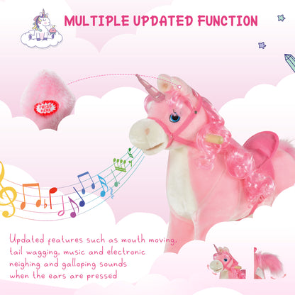 Homcom Kids Unicorn Plush Rocking Ride On w/ Sound Pink