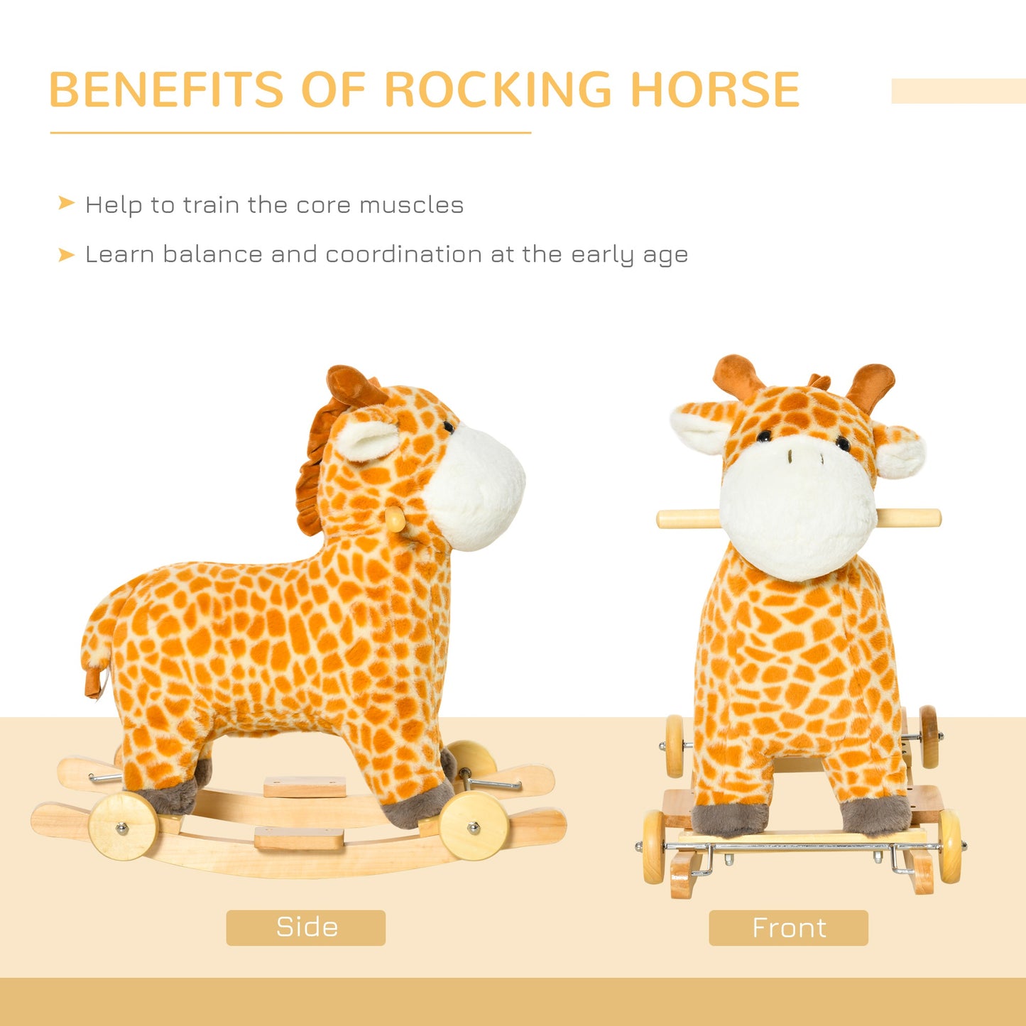 Homcom 2 In 1 Kids Todder Rocking Horse Plush Ride On Giraffe Rocker with Wheels Wooden Base Animal Sounds for 36-72 Months