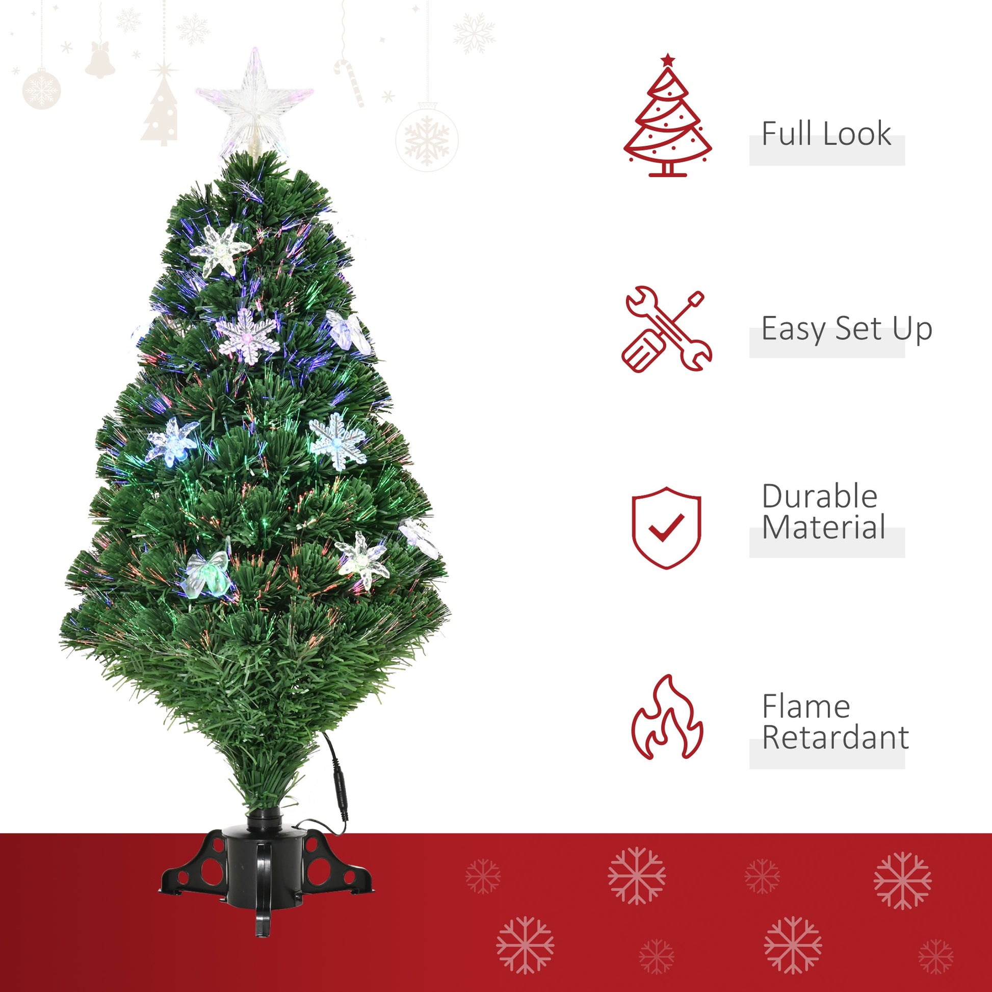 Homcom 3FT Prelit Artificial Christmas Tree Fiber Optic LED Light Holiday Home Xmas Decoration Tree with Foldable Feet