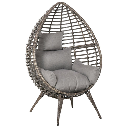 Outdoor Indoor Rattan Egg Chair Wicker Weave Teardrop Chair with Cushion Grey-0