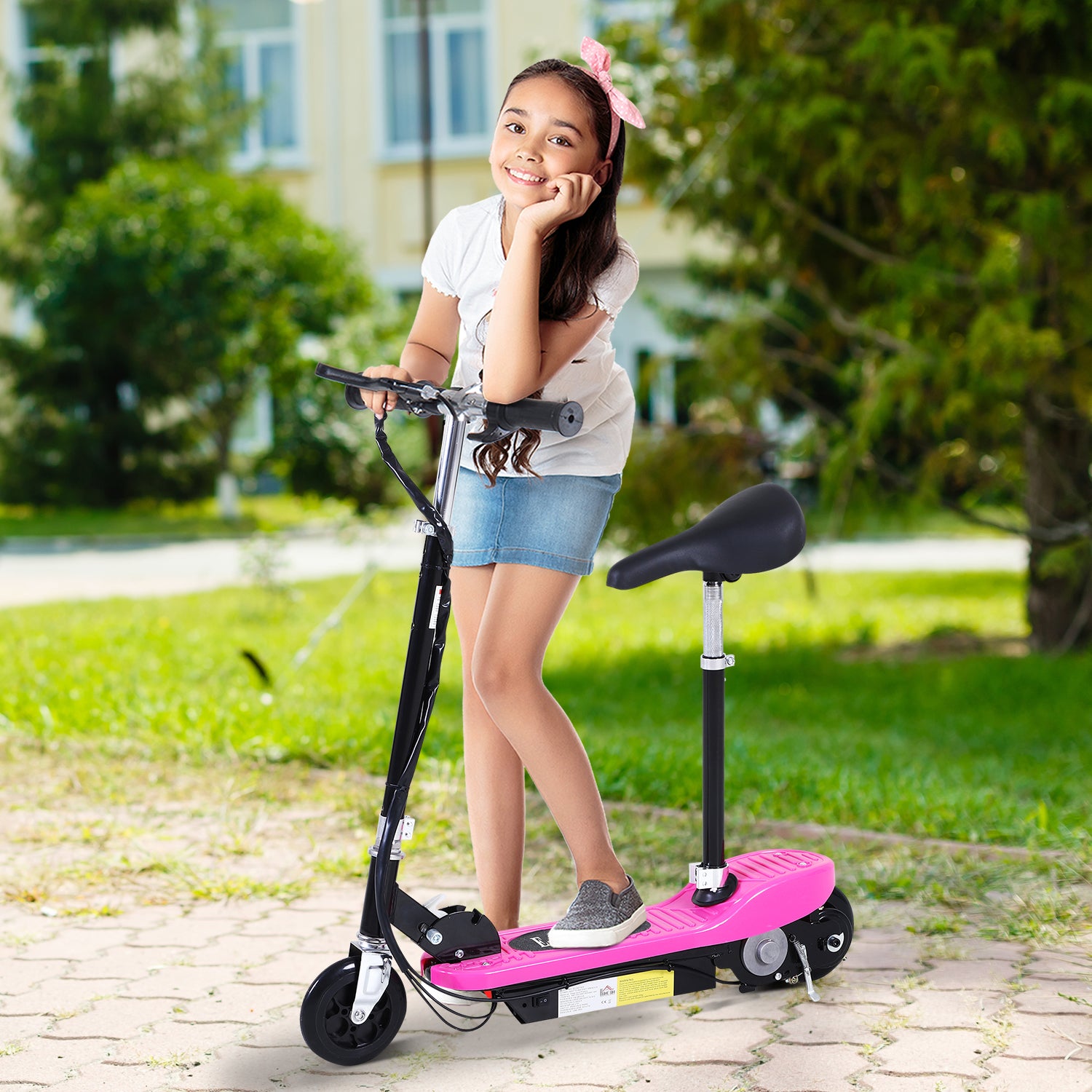 Homcom Foldable Electric Scooter Ride on for Kids 12V 120W W/Brake Kickstand-Pink