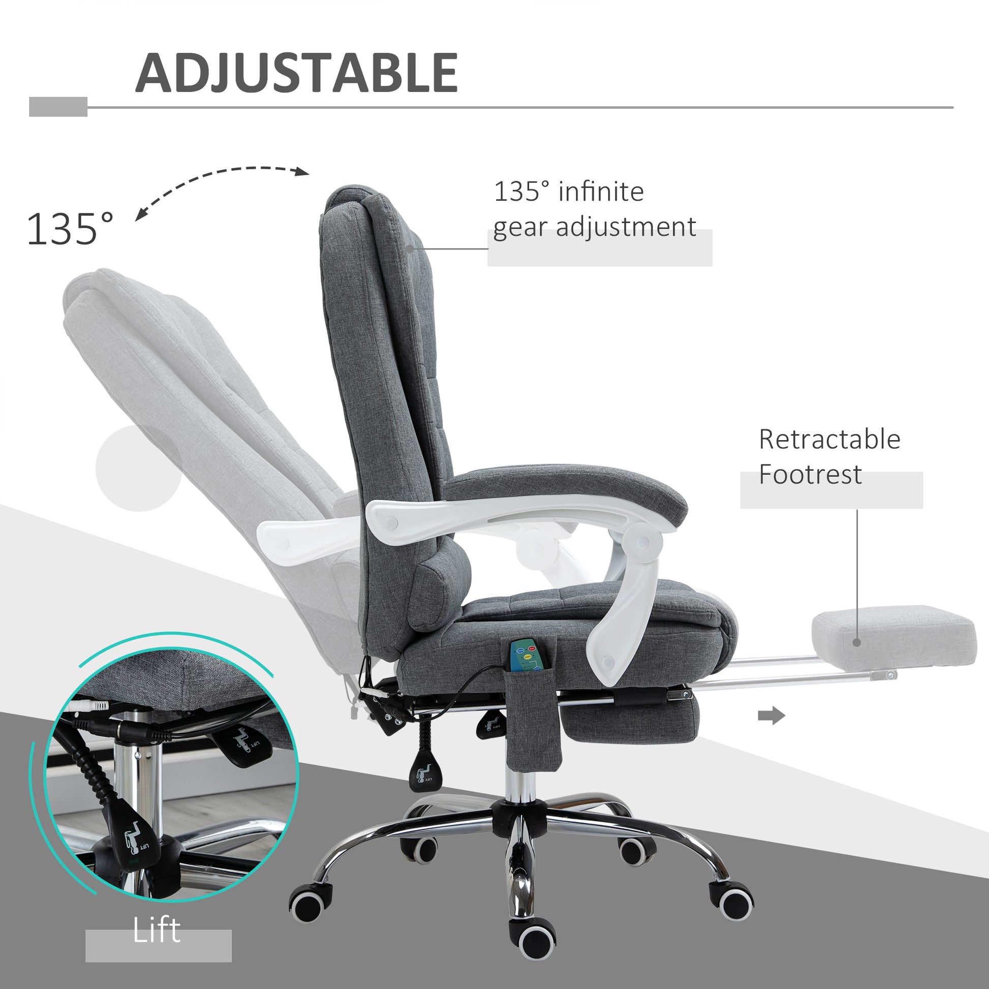 Vinsetto Heated 6 Points Vibration Massage Executive Office Chair Adjustable Swivel Ergonomic High Back Desk Chair Recliner with Footrest Grey