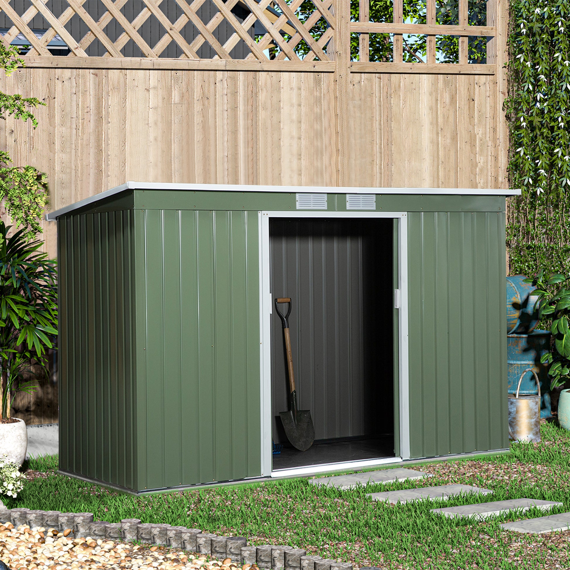 Corrugated 9 x 4' Double Door Pent Garden Shed With Ventilation Steel Light Green by Steadfast