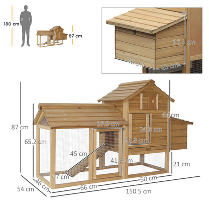 PawHut Small Chicken Coop with Run Hen House Poultry Coops Cages Nesting Box Wood 150.5 x 54 x 87cm