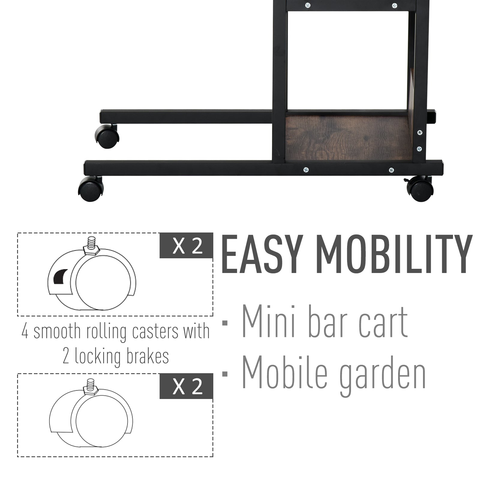 Homcom C-Shaped Side Table Industrial Mobile Rolling End Desk with 3-Tier Storage Shelving