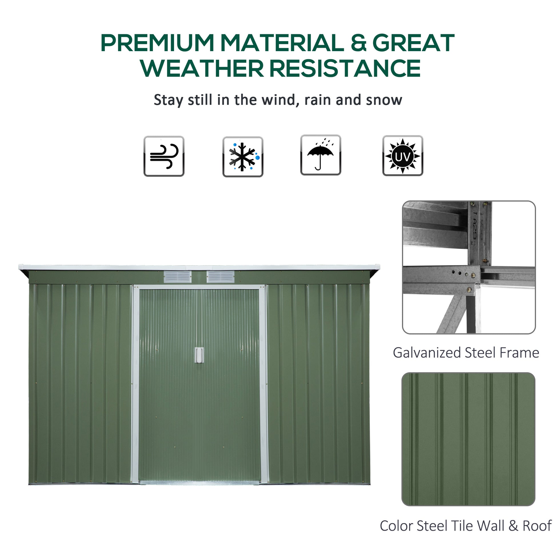 Corrugated 9 x 4' Double Door Pent Garden Shed With Ventilation Steel Light Green by Steadfast