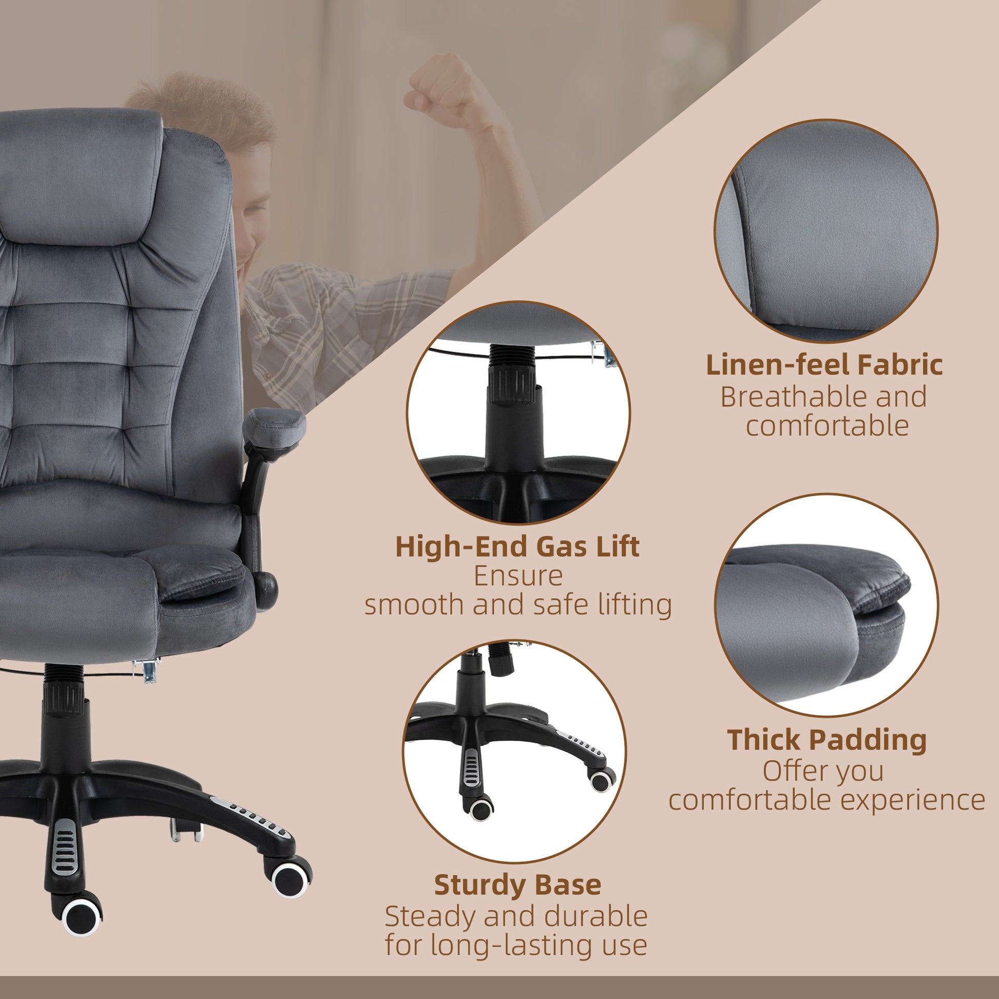 Vinsetto Massage Recliner Chair Heated Office Chair With Six Massage Points Velvet-Feel Fabric 360 Swivel Wheels Grey