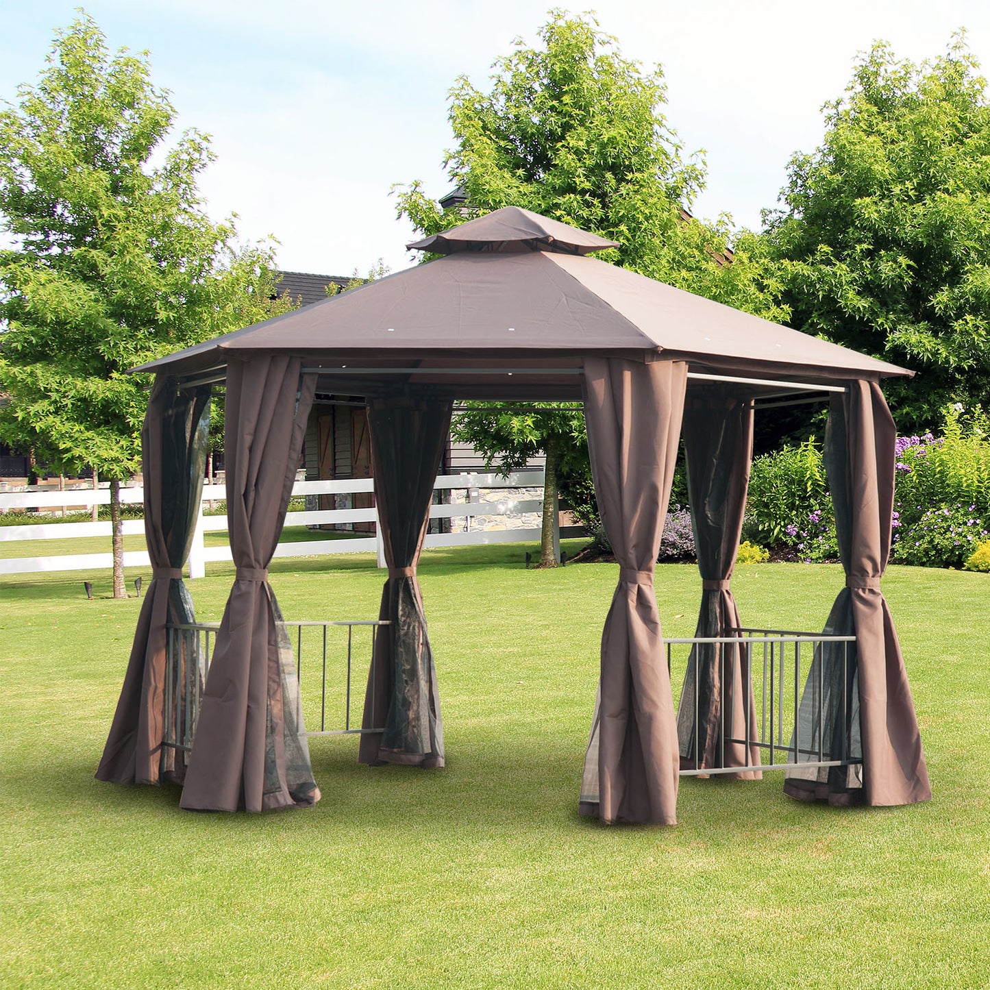 Outsunny 3 x 3(m) Hexagon Gazebo Patio Canopy Party Tent Outdoor Garden Shelter w/ 2 Tier Roof & Side Panel - Brown