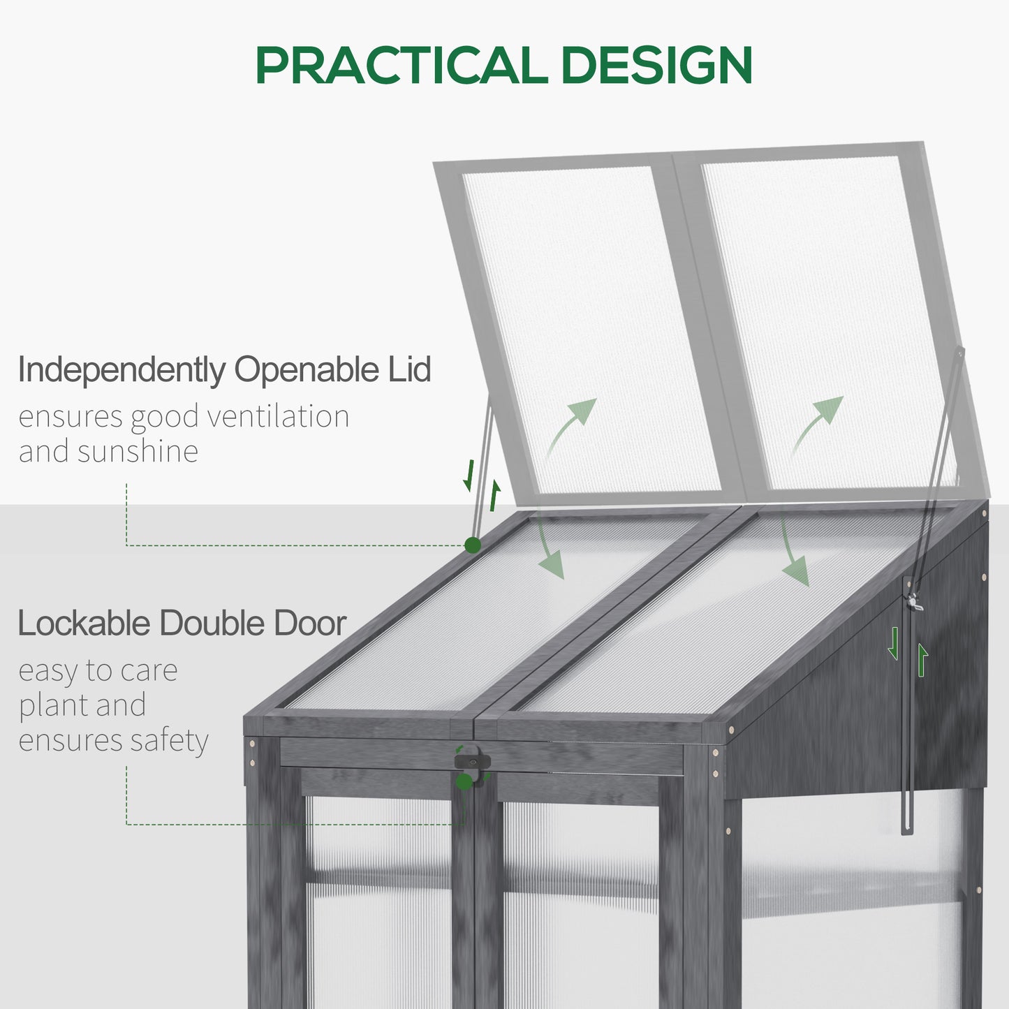 Outsunny Wooden Cold Frame Polycarbonate Greenhouse with Openable Top Cover and Double Door