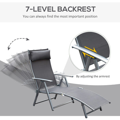 Outsunny Sun Lounger Steel Frame Outdoor Folding Chaise Texteline Lounge Chair Recliner with Headrest & 7 Levels Adjustable Backrest