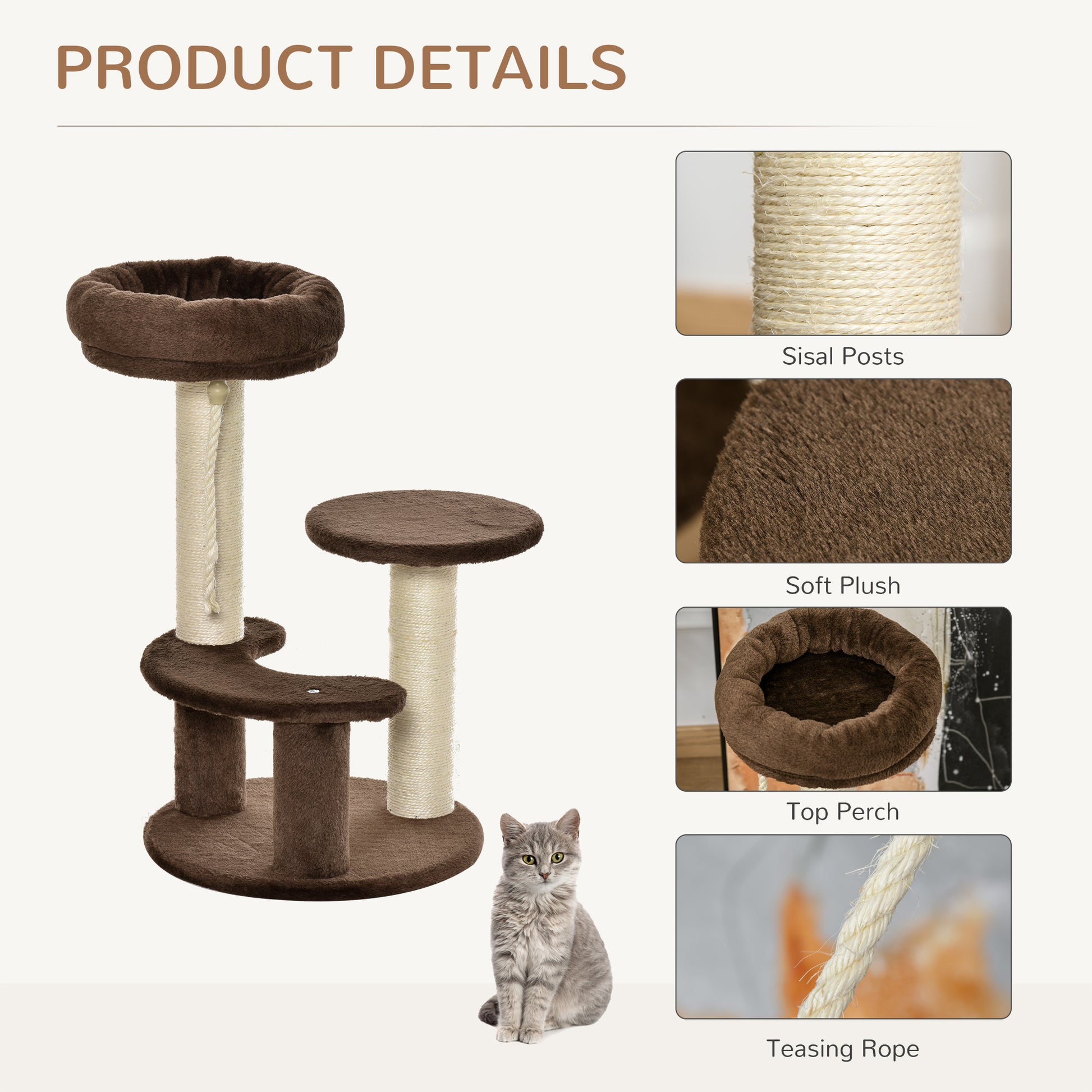 PawHut 65 cm Cat Tree for Indoor Cats Kitty Scratcher Kitten Activity Center Scratching Post Playhouse 2 Perch w/ Hanging Sisal Rope Brown