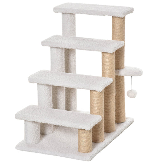 Pet Stair with 4-step Climb Ladder, Scratching Posts, Platforms, Toy Ball, for Indoor Elderly Cats Kittens, White-0