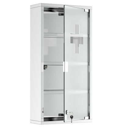 Homcom 4 Tier Stainless Steel Wall Mounted Medicine Cabinet Glass Lockable Door Storage Shelves Houseware Bathroom Furniture 60Hx30Wx12D(cm) w/2 Keys