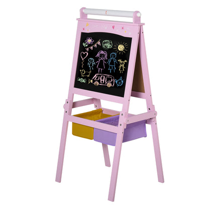 Homcom 3 In 1 Kid's Wooden Art Easel with Dual-Sides and Storage Baskets