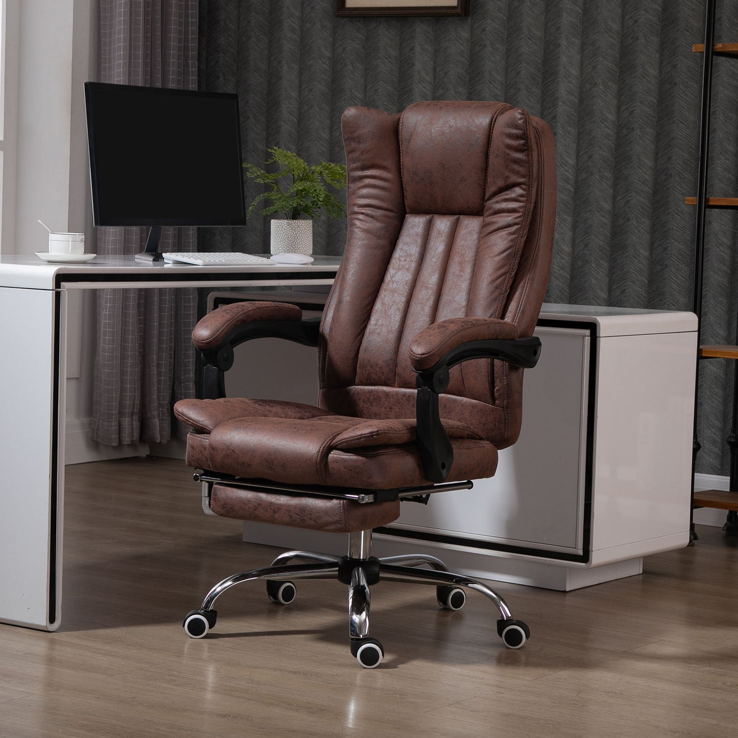 Vinsetto Home Office Chair Microfibre Desk Chair With Reclining Function Armrests Swivel Wheels Footrest Brown