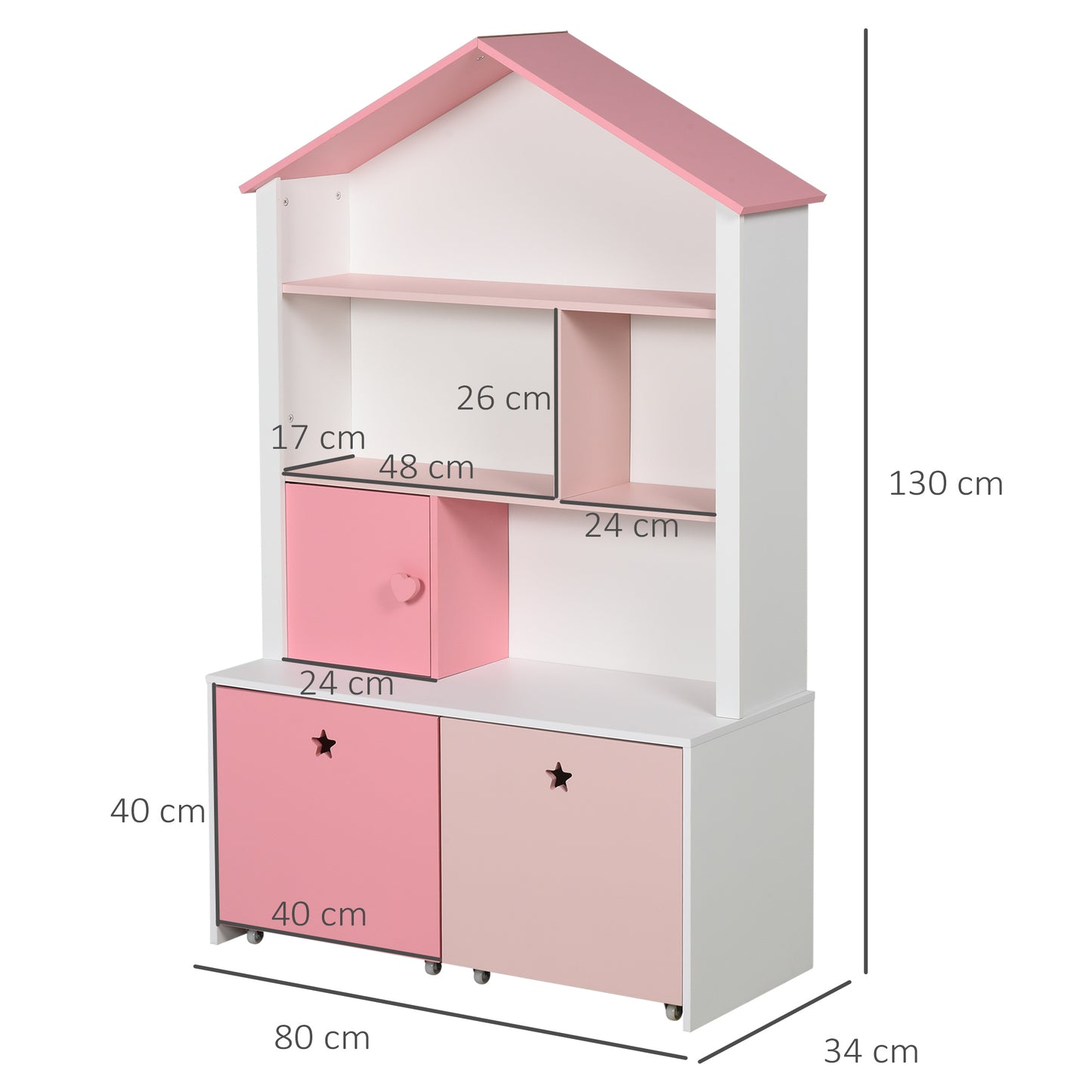 Homcom Kids Bookshelf Chest W Drawer With Wheels Baby Toy Wood Organizer Display Stand Storage Cabinet 80X34X130Cm Pink