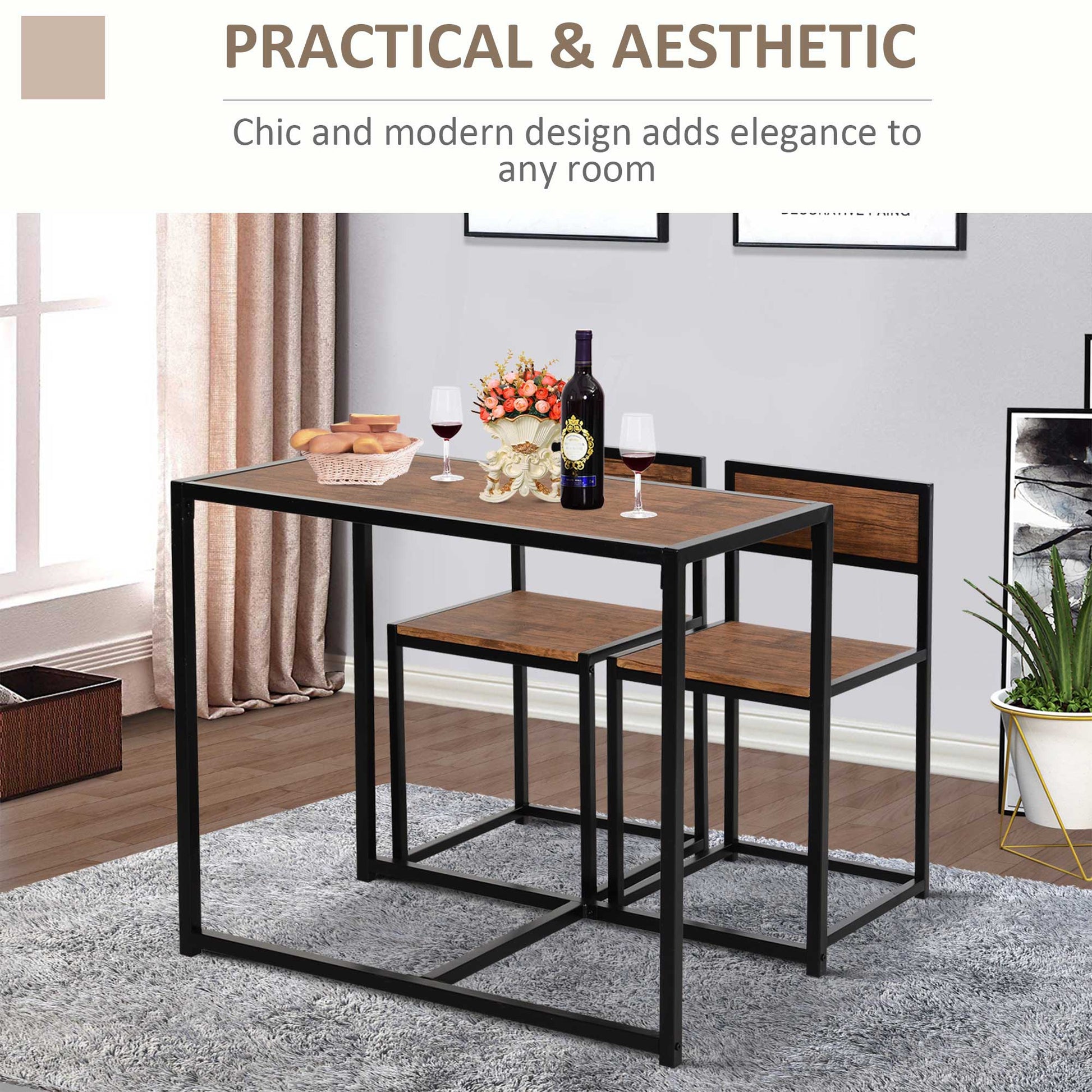 Homcom 3 Pcs Table Stool Set Industrial Design W/ Steel Frame Medium-Density Fibreboard Panels Living Room Bar Modern Furniture