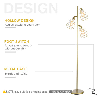 Homcom Steel Tri-Head Floor Lamp Gold