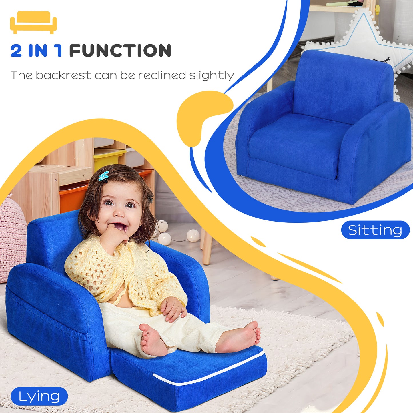 Homcom 2 In 1 Kids Children Sofa Chair Bed Folding Couch Soft Flannel Foam Toddler Furniture for 3-4 years old Playroom Bedroom Living Room