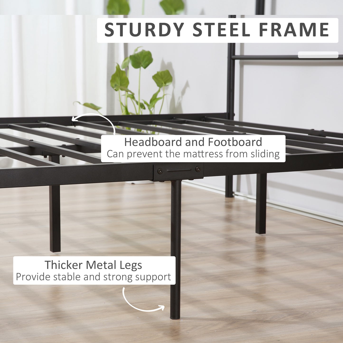 Homcom Double Metal Bed Frame Solid Bedstead Base with Headboard and Footboard