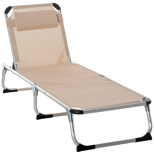 Foldable Reclining Sun Lounger Lounge Chair Camping Bed Cot with Pillow 5-Level Adjustable Back Aluminium Frame Khaki-0