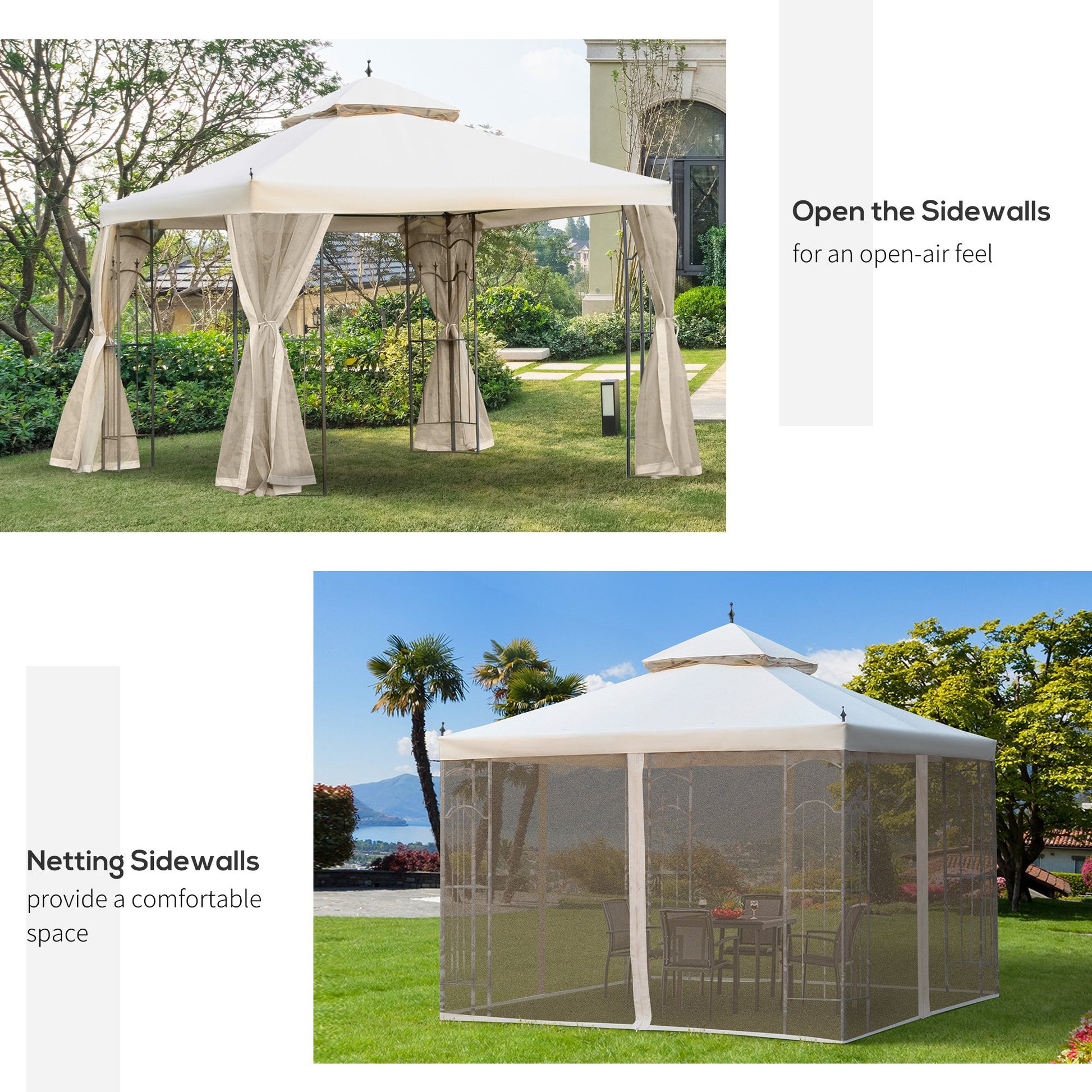 Outsunny 3(M)x3(M) Garden Gazebo Double Top Outdoor Canopy Patio Event Party Wedding Tent Backyard Sun Shade with Netting - Cream White