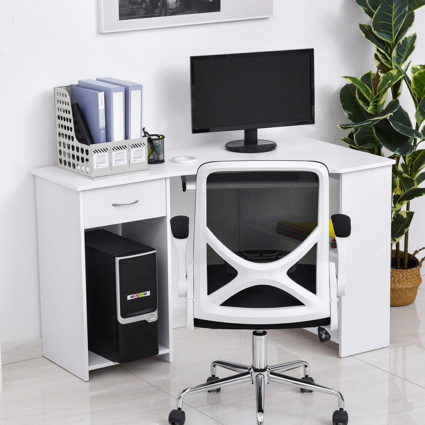 Homcom L-Shaped Corner Computer Desk w/ 2 Shelves Wide Worktop Keyboard Tray Drawer & CPU Stand Home Office Study Bedroom Furniture White