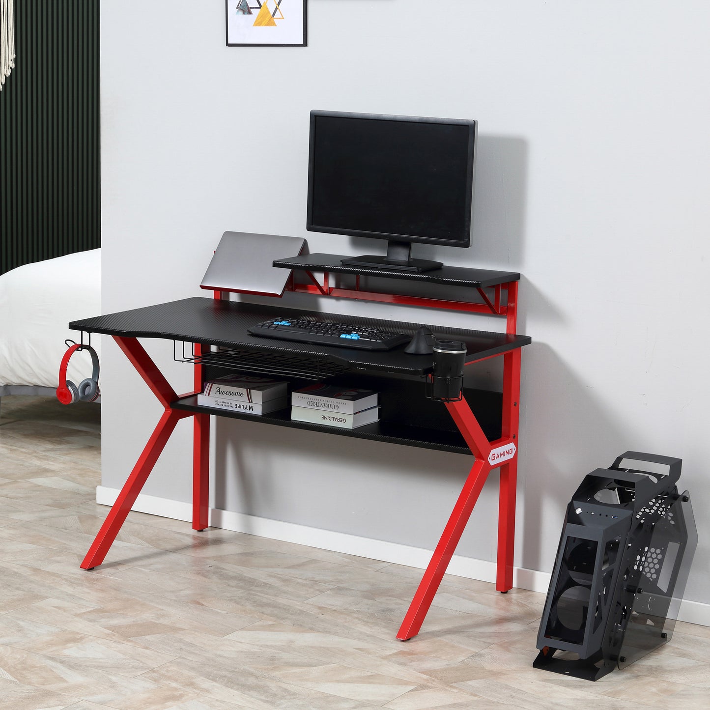 Homcom Gaming Desk Computer Table with Monitor Stand