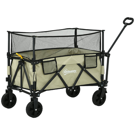 Folding Garden Trolley, 180L Wagon Cart with Extendable Side Walls, for Beach, Camping, Festival, Khaki-0